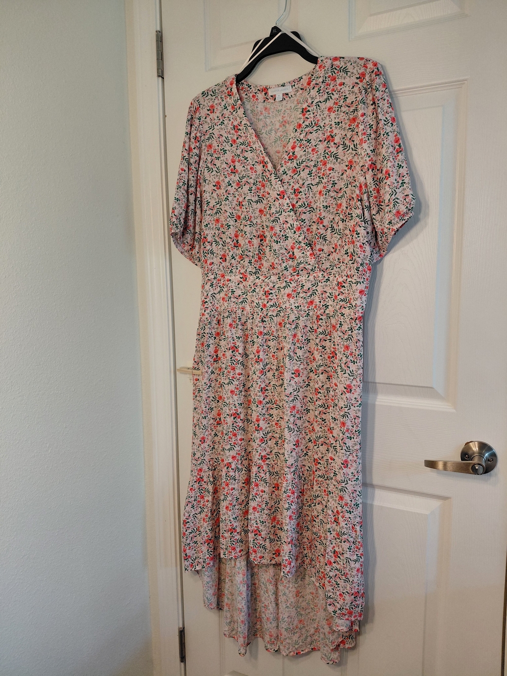 Draper James Cream Floral High-Low Midi Dress with Pink & Green Accents